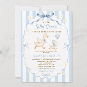 Blue Stripes A New Silly Goose Daisies Baby Shower Invitation