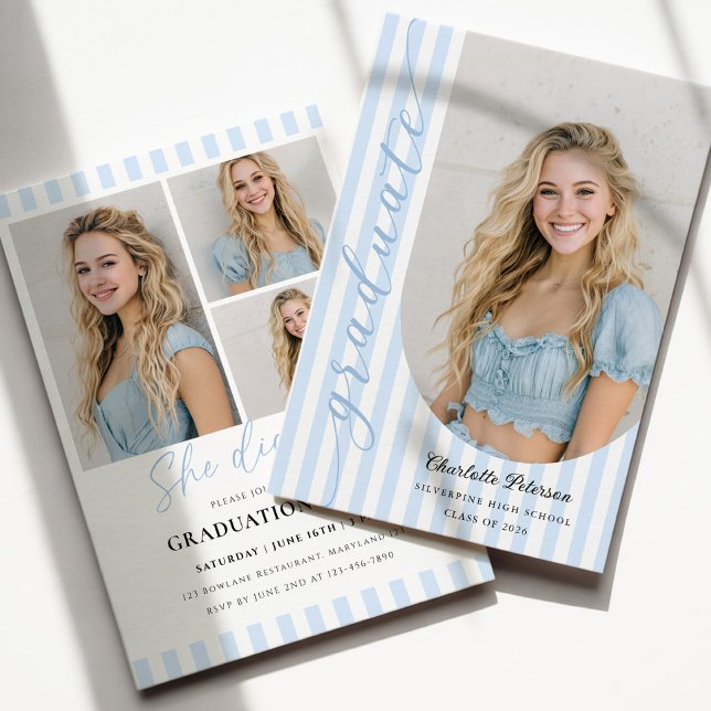 Blue Stripes Aesthetic Graduation Invitation (Creator Uploaded)