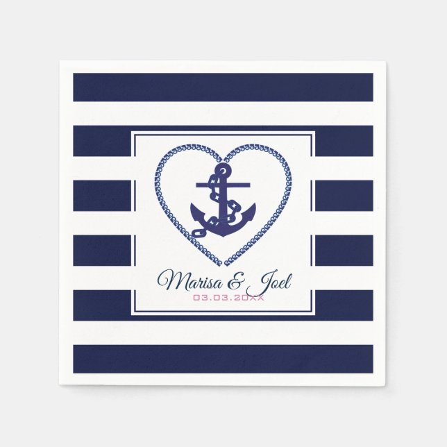Blue Stripes And Anchor in the Heart Napkin (Front)