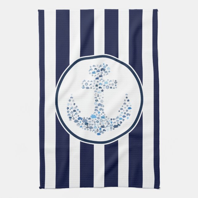 Blue Stripes And Anchor Tea Towel (Vertical)