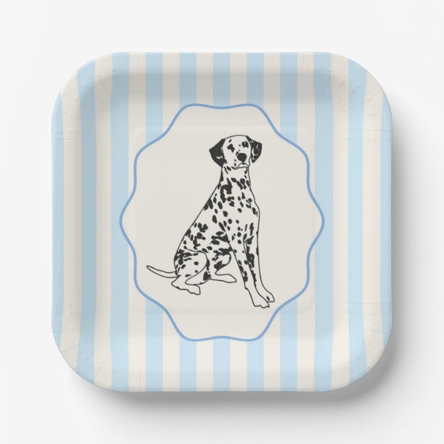 Blue Stripes and Black Dalmatian Dog Paper Plate (Front)