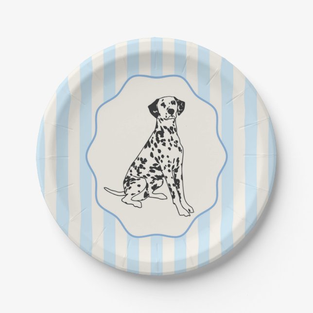 Blue Stripes and Black Dalmatian Dog Paper Plate (Front)