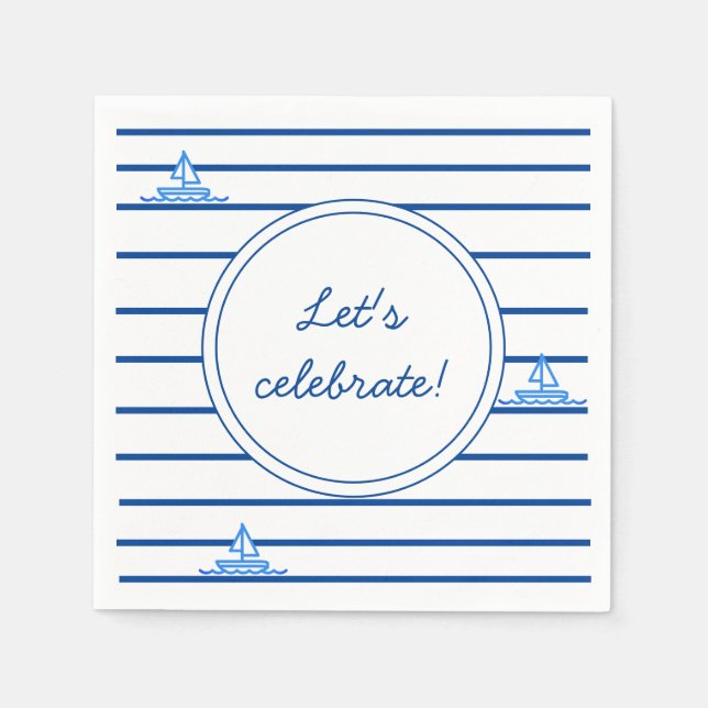 Blue Stripes and Sail Boat Children Party Paper Napkin (Front)
