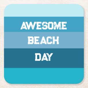 Blue Stripes Awesome Beach Template Square Paper Coaster