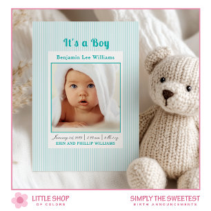 Blue Stripes Baby Boy Photo Birth Announcement