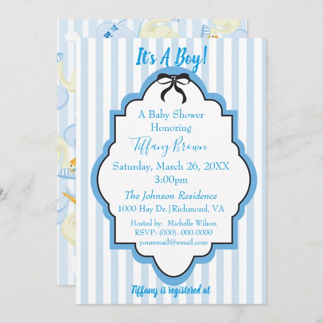 Blue Stripes Baby Boy Shower Invitation (Front/Back)