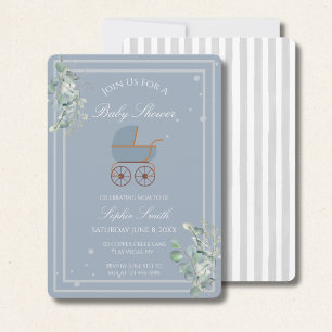 Blue Stripes Baby Carriage Eucalyptus Baby Shower Invitation