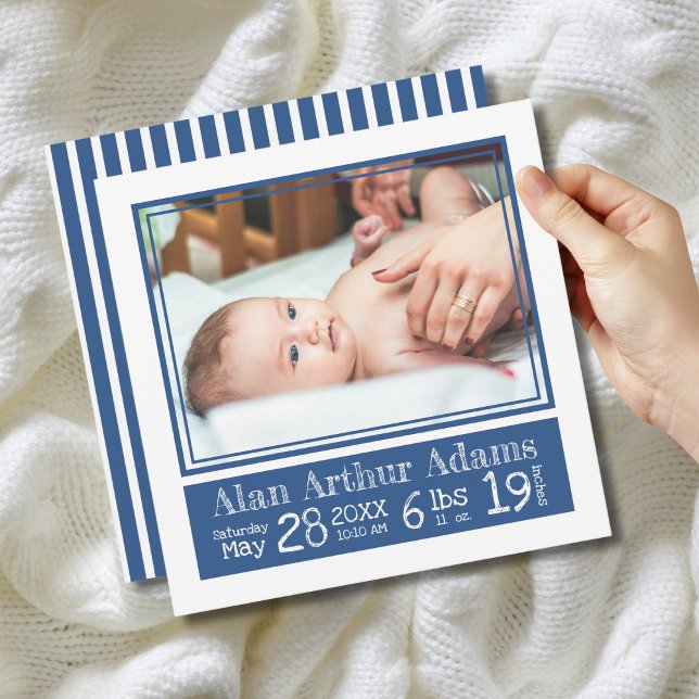 Blue Stripes Baby Photo Birth Stats Announcement (Creator Uploaded)