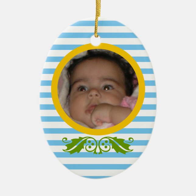 Blue stripes Baby’s 1st Christmas photo Ornament (Front)