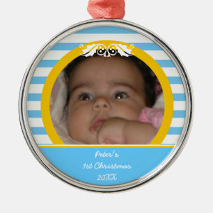 Blue stripes Baby’s 1st Christmas photo Ornament