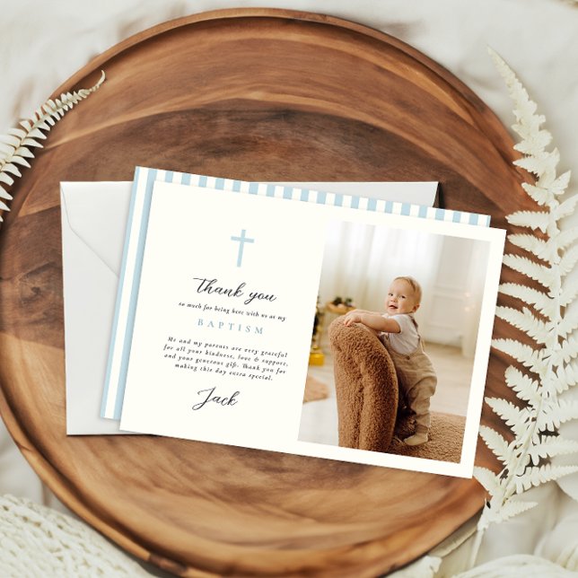 Blue Stripes Baptism Photo Flat Thank You Card (Creator Uploaded)