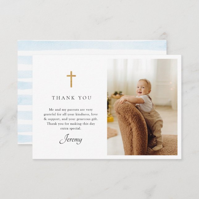 Blue Stripes Baptism Photo Flat Thank You Card (Front/Back)