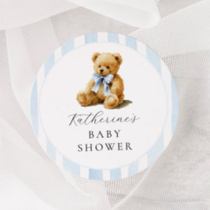 Blue Stripes Bear Baby Shower Classic Round Sticker