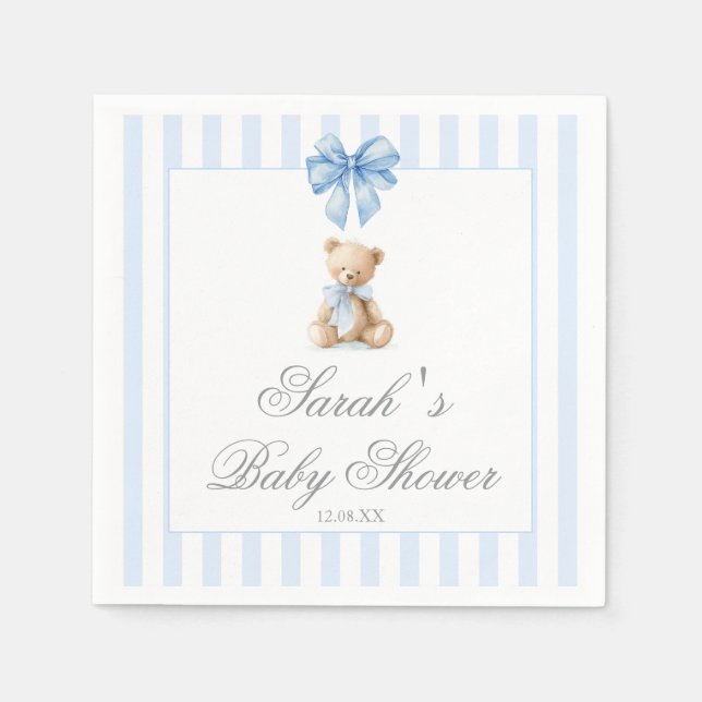 Blue Stripes Bear Baby Shower Napkin (Front)