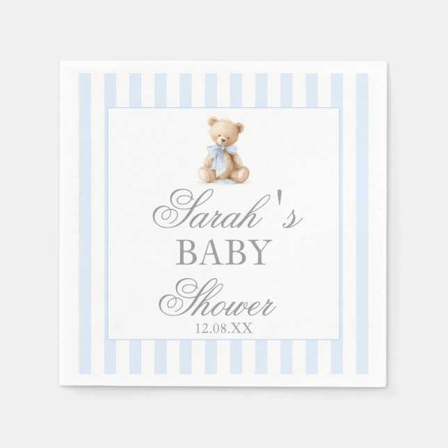 Blue Stripes Bear Baby Shower Napkin (Front)