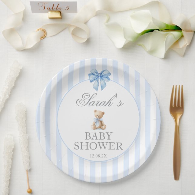 Blue Stripes Bear Baby Shower Paper Plate (Wedding)