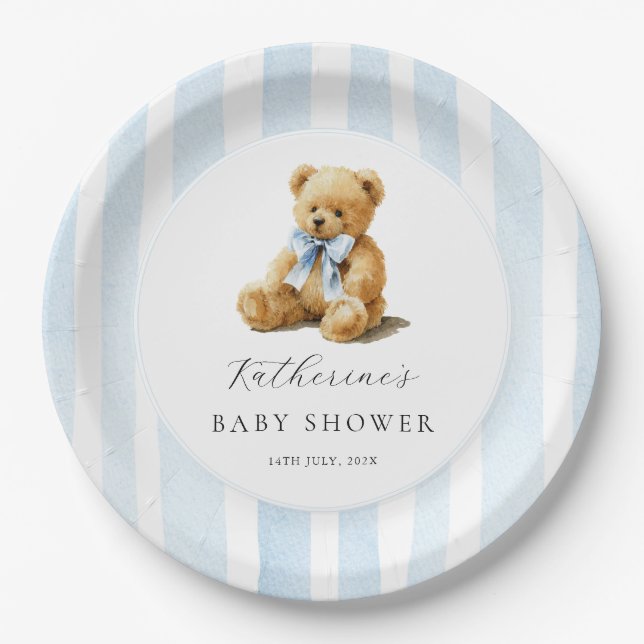 Blue Stripes Bear Baby Shower  Paper Plate (Front)