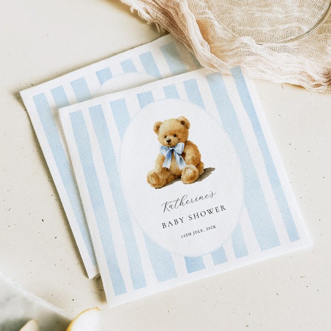 Blue Stripes Bear Baby Shower Welcome Sign Napkin (Creator Uploaded)