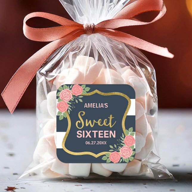 Blue Stripes, Blush Pink Roses Sweet 16 Square Sticker (Creator Uploaded)