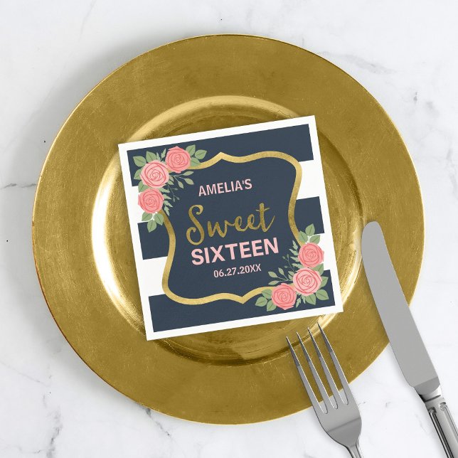 Blue Stripes, Blush Pink Roses Sweet Sixteen Napkin (Creator Uploaded)