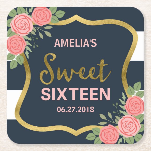 Blue Stripes, Blush Pink Roses Sweet Sixteen Square Paper Coaster (Front)