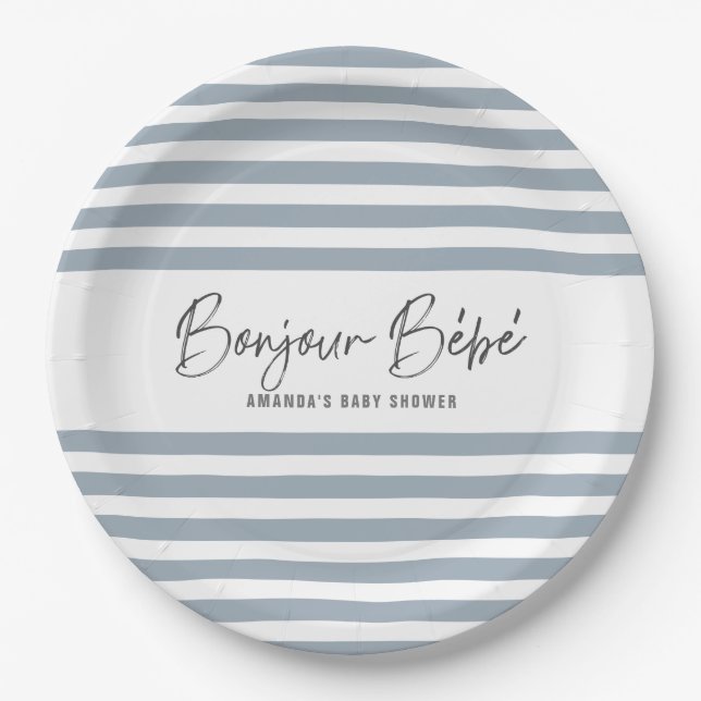 Blue Stripes Bonjour Bebe Paper Plate (Front)