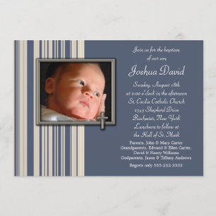 Blue Stripes Boy Photo Christening Invitations