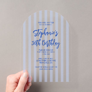 Blue Stripes Brush Script 30th Birthday Acrylic Invitations