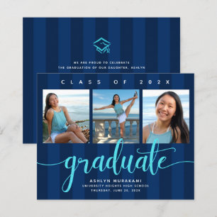 Blue stripes budget graduation 3 photo invitation