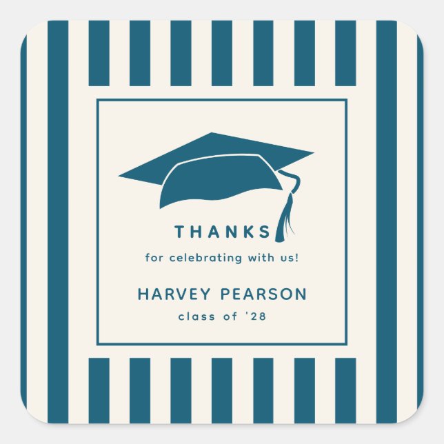 Blue Stripes Custom Graduation Party Thank You Square Sticker (Front)