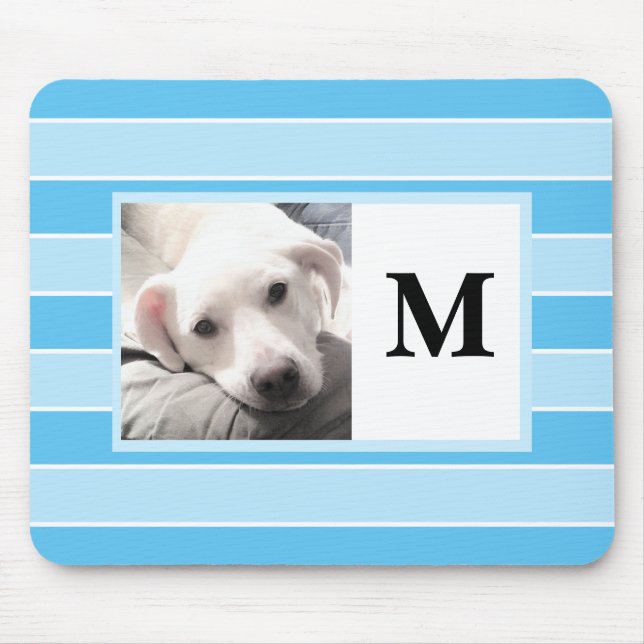 Blue Stripes Custom Initial One Photo Cute Dog Mou Mouse Pad (Front)