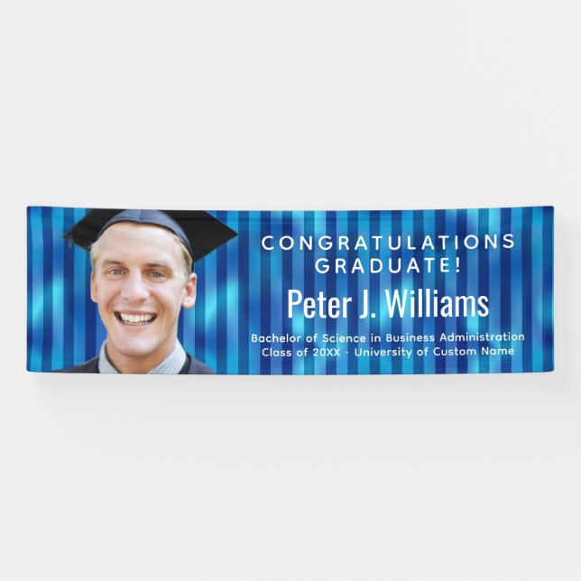 Blue Stripes Custom Photo Congratulations Graduate Banner (Horizontal)