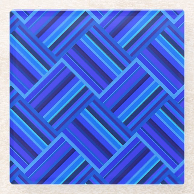 Blue stripes diagonal weave pattern glass coaster (Front)