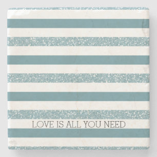 Blue Stripes Faux Glitter Stone Coaster