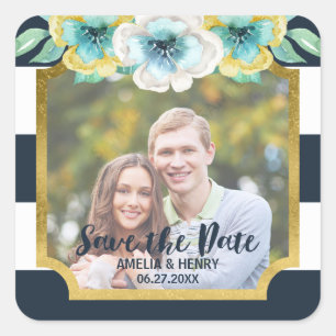 Blue Stripes Faux Gold Floral Save the Date Photo Square Sticker