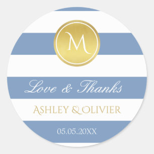 Blue Stripes & Faux Gold Monogram Love & Thanks Classic Round Sticker