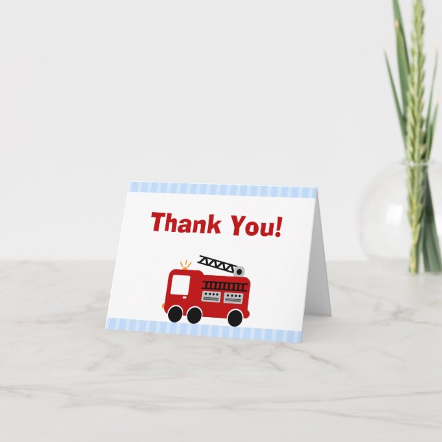 Blue Stripes Fire Truck Thank You Note Card (Front)