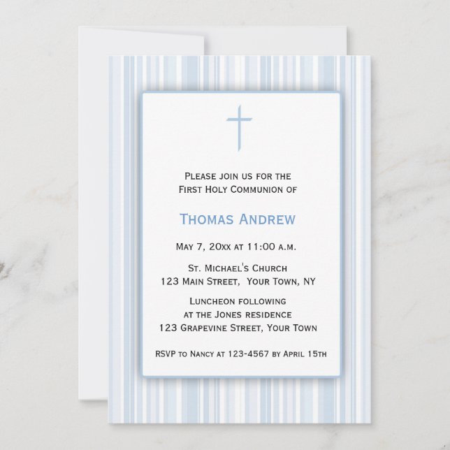 Blue Stripes, First Communion Invitation (Front)