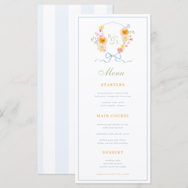 Blue Stripes & Floral Crest Spring Wedding Menu (Front/Back)