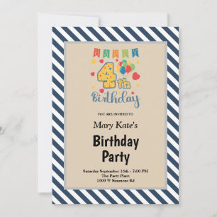 Blue Stripes Framed 4th Birthday Party Invitation