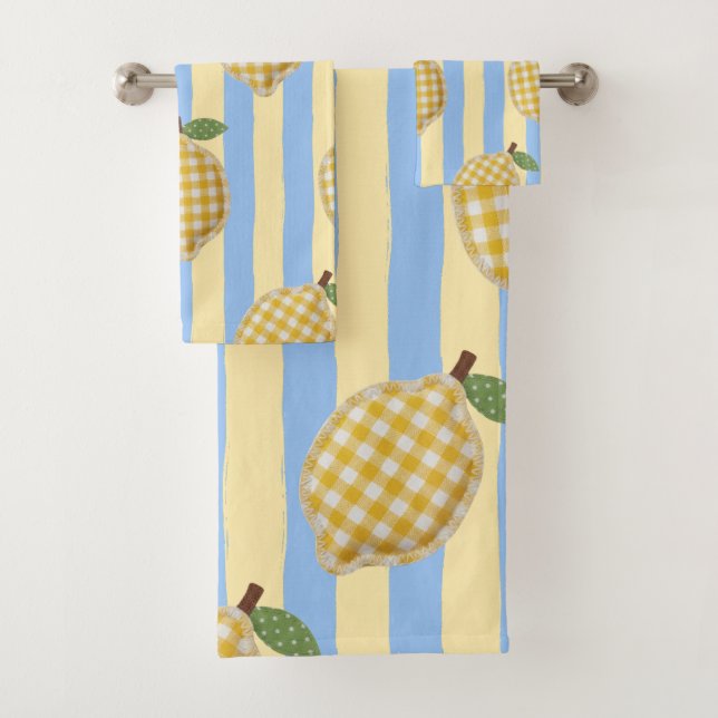 Blue Stripes Gingham Lemon Mediterranean Summer Bath Towel Set (Insitu)