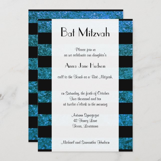 Blue Stripes, Glitter Stripes, Lines, Bat Mitzvah Invitation (Front/Back)