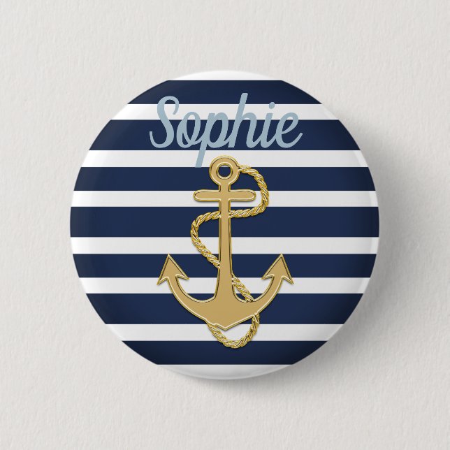 Blue Stripes & Gold Anchor Nautical 6 Cm Round Badge (Front)