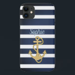 Blue Stripes & Gold Anchor Nautical Case-Mate iPhone Case<br><div class="desc">Blue Stripes & Gold Anchor nautical design. 
Customize to your liking; it's a template. :)</div>