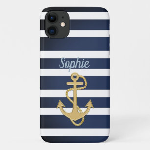 Blue Stripes & Gold Anchor Nautical Case-Mate iPhone Case
