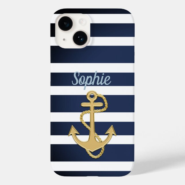 Blue Stripes & Gold Anchor Nautical Case-Mate iPhone Case (Back)