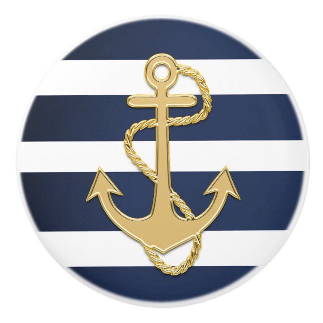 Blue Stripes & Gold Anchor Nautical Ceramic Knob (Front)