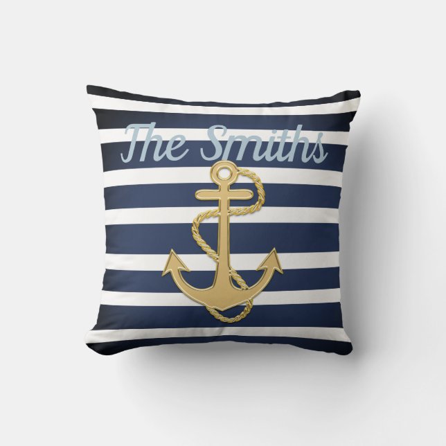 Blue Stripes & Gold Anchor Nautical Cushion (Front)