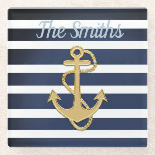 Blue Stripes & Gold Anchor Nautical Glass Coaster