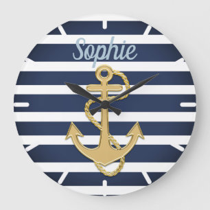 Blue Stripes & Gold Anchor Nautical Large Clock